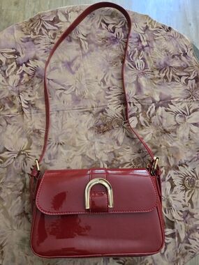 Red Patent Shoulder Bag with Gold Accent